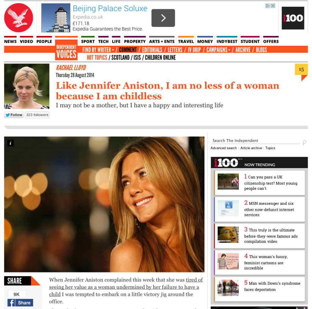The Independent - Rachael Lloyd on Jennifer Anniston, August 28, 2014 screen grab