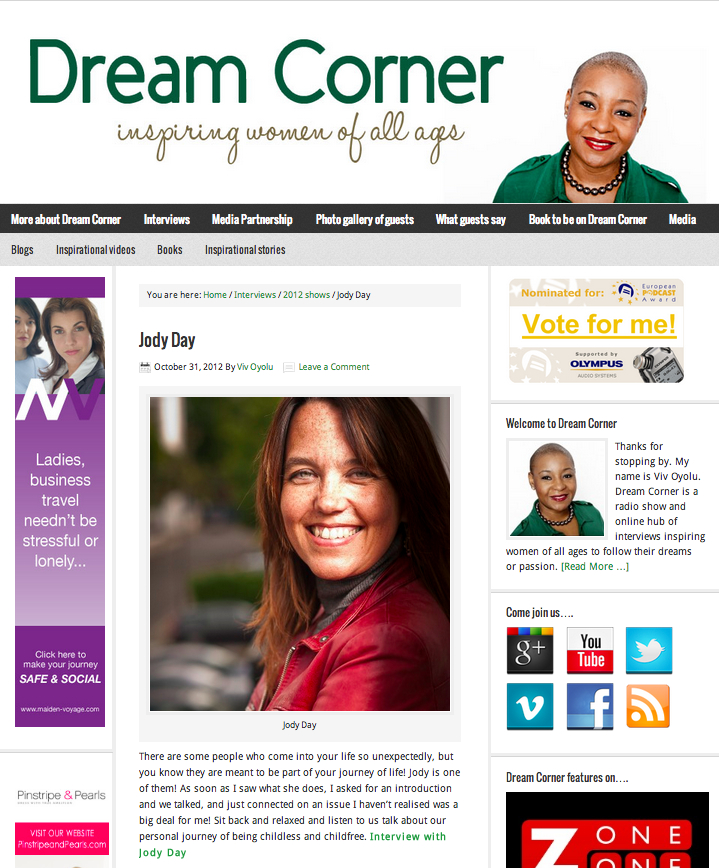 Dream Corner press cutting Jody Day interviewed by Viv Oyolu on Dream Corner Radio