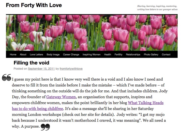 Filling The Void, From Forty with Love, 15 Sep 2011 Blog extract from 'Filling the Void' (15 Sep 2011) on 'From Forty With Love' by Katherine Baldwin