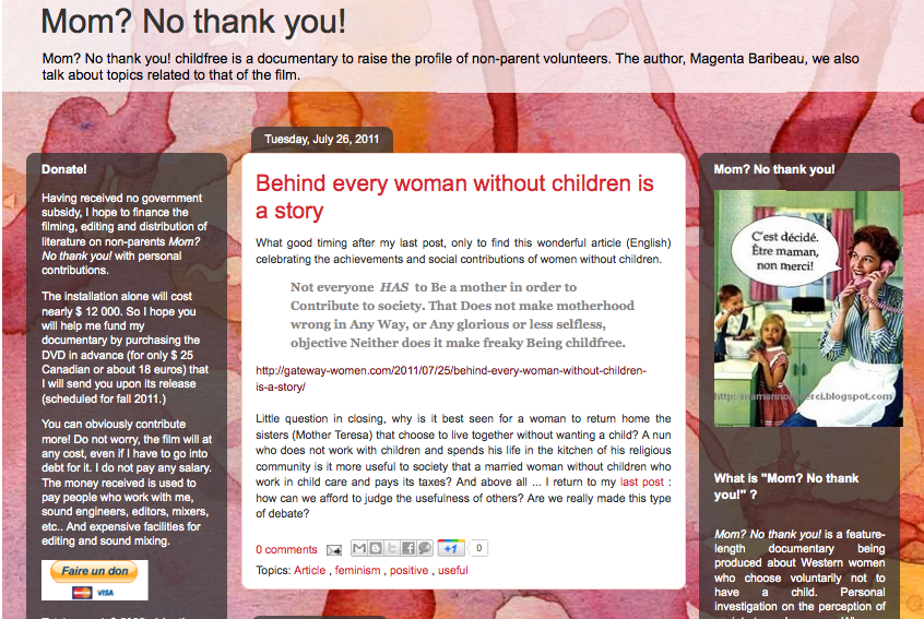 Magenta Baribeau's blog "Maman Non Merci", 26 July 2011 Screenshot capturing blog entry from 'Maman Non Merci', 26 July 2011