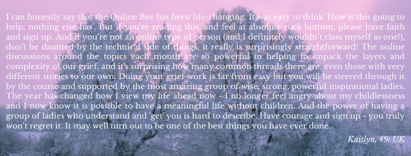 I can honestly say that the Online Bee has been life-changing. It was easy to think 'How is this going to help, nothing else has'. But if you're reading this, and feel at absolute rock bottom, please have faith and sign up. And if you’re not an online type of person (and I definitely wouldn’t class myself as one!), don’t be daunted by the technical side of things, it really is surprisingly straightforward! The online discussions around the topics each month are so powerful in helping to unpack the layers and complexity of our grief, and it's surprising how many common threads there are, even those with very different stories to our own. Doing your grief work is far from easy but you will be steered through it by the course and supported by the most amazing group of wise, strong, powerful inspirational ladies. The year has changed how I view my life ahead now - I no longer feel angry about my childlessness and I now know it is possible to have a meaningful life without children. And the power of having a group of ladies who understand and 'get' you is hard to describe. Have courage and sign up - you truly won’t regret it. It may well turn out to be one of the best things you have ever done.